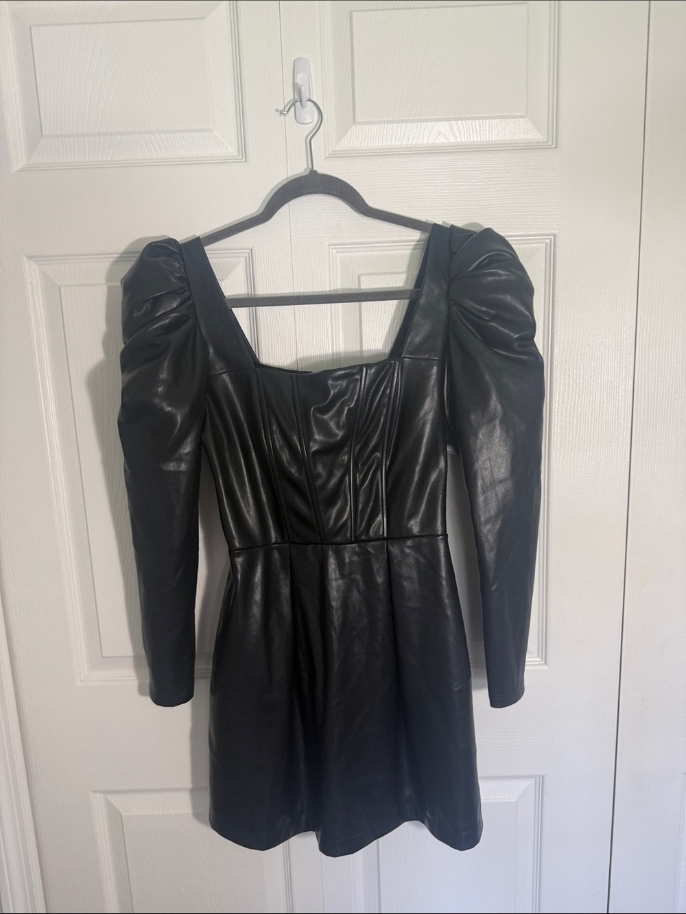 Avec Les Filles Black Faux Leather Puff-Sleeve Mini Dress
